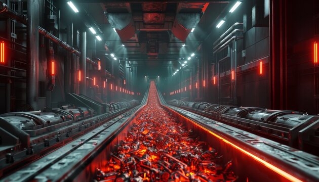 A photorealistic conveyor belt overflowing with glowing red hot metal ingots moving through a dark and cavernous industrial space illuminated by flickering neon lights 