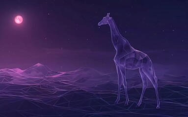 Abstract night giraffe digital landscape. Digital low poly wireframe vector illustration with very beautiful 3D effect