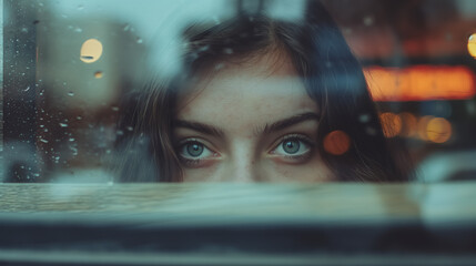 Young girl with deep grey eyes peering through a rain-splattered window, her gaze intense and thoughtful.