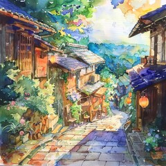 A watercolor painting of a narrow street in a Japanese town