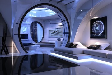 Futuristic interior design of a living room with a large curved sofa, a coffee table, and a large window.