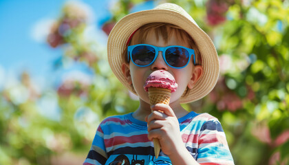 Little boy in blue sunglasses and summer hat eating strawberry ice cream cone