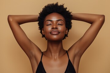 Slender black woman posing with hands raised up on beige background. ai generated