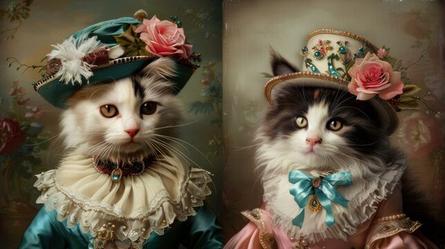 A couple of cats wearing fancy clothes and hats