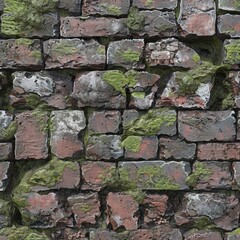 A photorealistic image of a cracked and weathered brick wall, showcasing the moss growing in the crevices, the texture of the brick, and the tiny details of weathering 