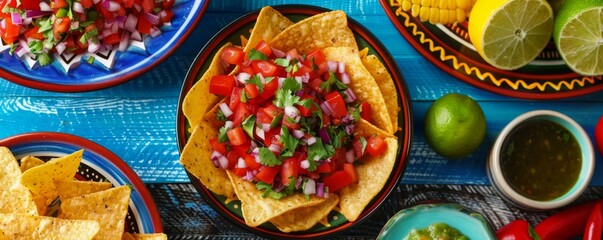 Traditional mexican food mix with traditional spicy meal. Tacos with homemade salsa, limes and parsley.  Many dishes of mexican cuisine. Festive dia de los muertos. Cinco de Mayo