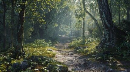 A painting of a dirt path in a forest
