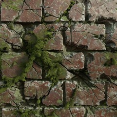 A photorealistic image of a cracked and weathered brick wall, showcasing the moss growing in the crevices, the texture of the brick, and the tiny details of weathering 