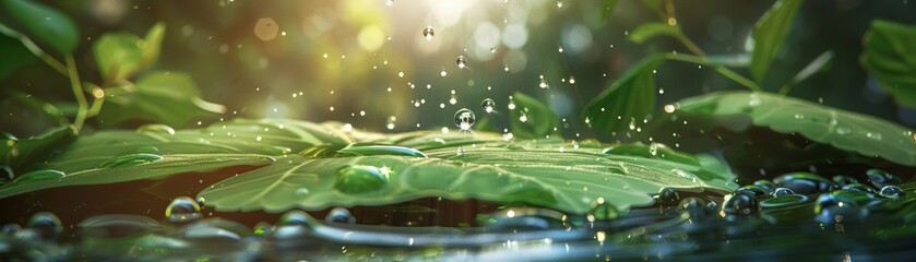 A photorealistic image of a raindrop splashing onto a smooth green leaf, capturing the tiny water droplets forming and dispersing 