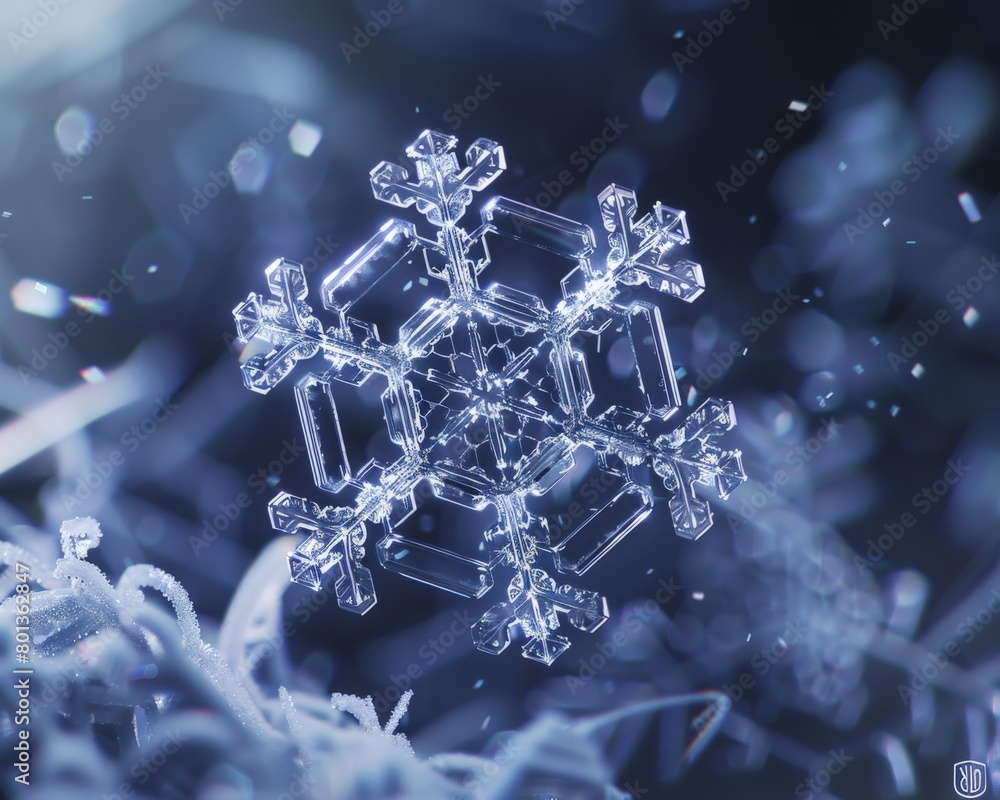 Aufkleber a photorealistic image of a snowflake, capturing the intricate hexagonal patterns and delicate branc