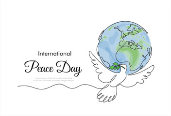 International Day of Peace. Bird, globe, flowers continuous drawing. Concept of love, peace and kindness. Text. Vector