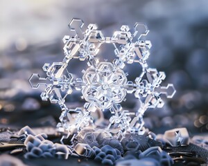 A photorealistic image of a snowflake, capturing the intricate hexagonal patterns and delicate branching structures 