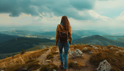 Woman walking on a path in mountains