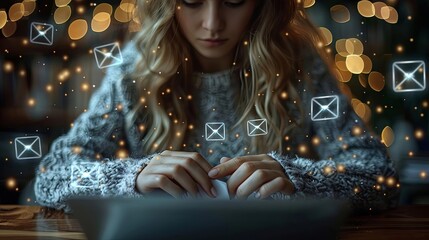 A closeup shot of a woman s hands trembling as she tries to compose an email, her inbox overflowing with unread messages