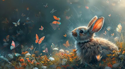A colorful, dreamlike portrayal of a rabbit, its ears morphing into bright watercolor butterflies fluttering away