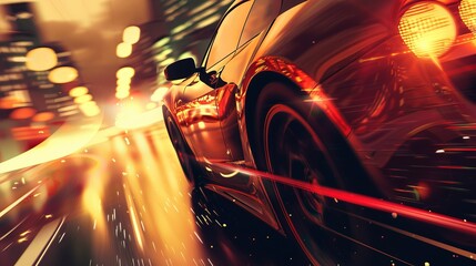 Dynamic 3D illustration of a high-speed sports car racing toward a city sunset, embodying a futuristic theme with a grunge overlay.