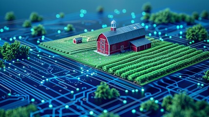 Obraz premium Smart Farming: Top View of 3D Isometric Red Barn and Crop Field with Green Technology, Circuit Board, and Nature