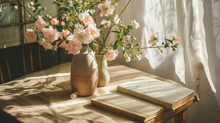A vase of flowers sitting on a table next to a book