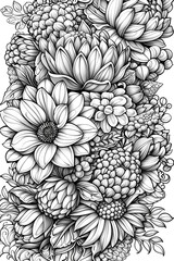 A drawing of a bouquet of flowers with a variety of colors and shapes