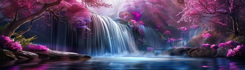 A beautiful waterfall surrounded by pink flowers. The water is calm and peaceful. The scene is serene and calming