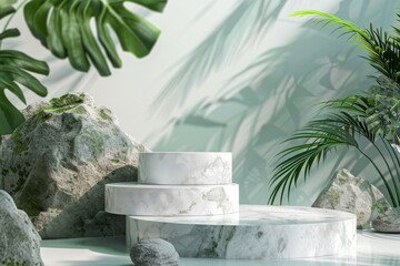 3d rendering of a podium made of marble with tropical leaves and rocks