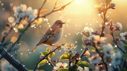 Obraz premium Spring morning nature. birds, flowers, light, shadows - embrace the beauty and serenity