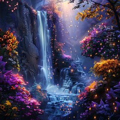 A waterfall surrounded by a lush forest with a rainbow of flowers