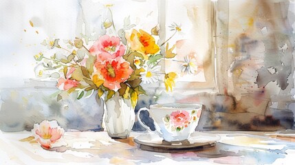 A watercolor painting of a cup and saucer on a table