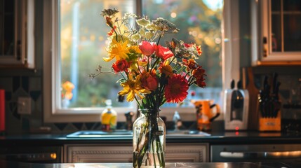 A vase of flowers sitting on top of a kitchen counter