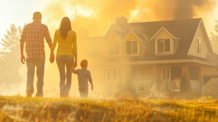 Family walks away from home engulfed in wildfire smoke. Devastation and evacuation