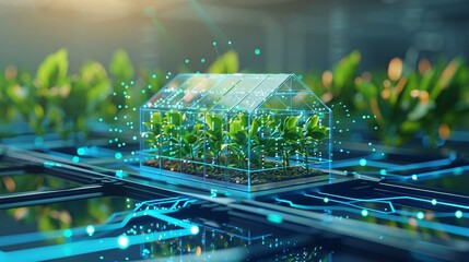 Green Technology for Modern Smart Farm: Top View of 3D Isometric Barn and Crop Field with Circuit Board and Nature