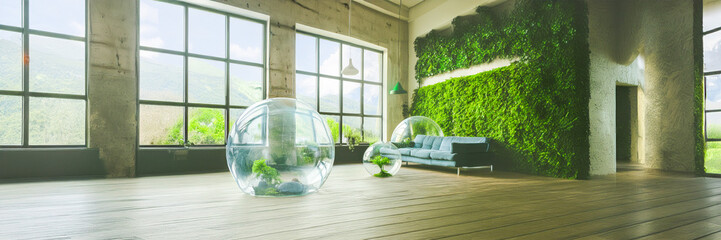 glass bubbles in an empty loft with plants