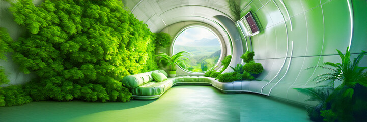 loft futuristic sofa green couch with plants vegetation and circle round window with a view on forest