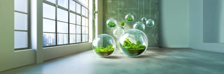 glass bubbles with plants in a loft room by an industrial window