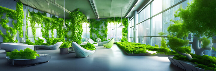 green loft with plants and seats with industrial windows