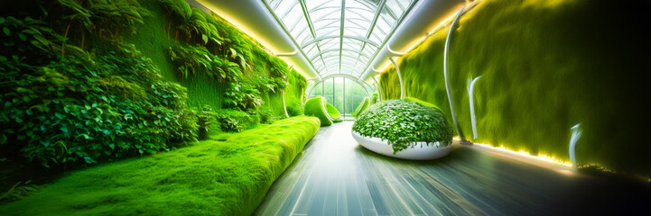 green corridor with plants and a window on ceiling with overhead light