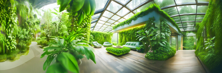 green loft with plants and industrial window on ceiling with overhead light