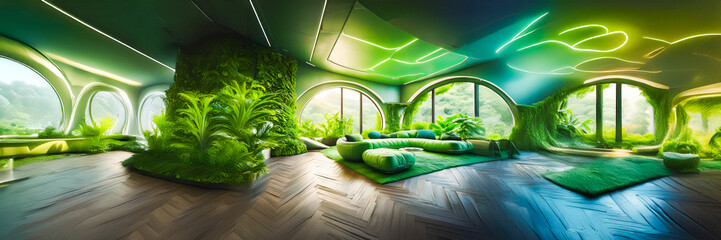 green loft with plants and futuristic windows