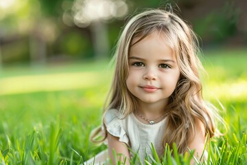 Cute smiling little girl child on the meadow in summer day? blurred background empty space