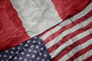 Obraz premium waving colorful flag of united states of america and national flag of peru on the dollar money background. finance concept.