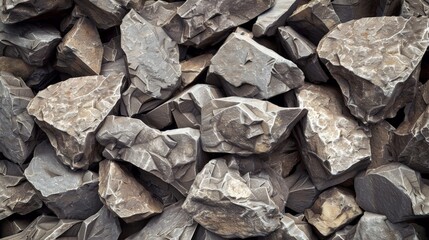 A pile of broken rocks, some sharp and jagged, others smooth and weathered, creating a sense of chaos and texture 