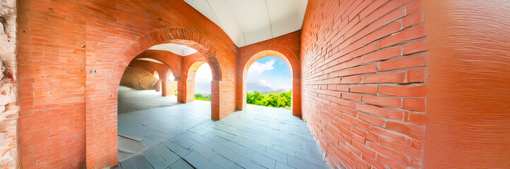 Obraz premium brick interior loft apartment room with tree and mountain nature view