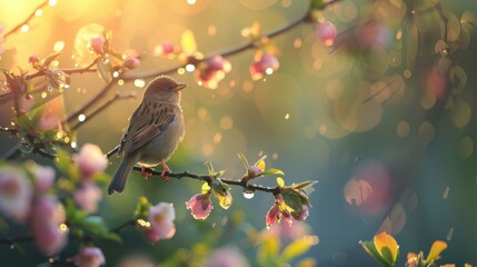 Obraz premium Spring morning. birds, dew drops, light and shadows composing beautiful nature landscapes