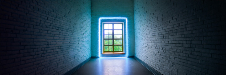 neon frame window in brick corridor end