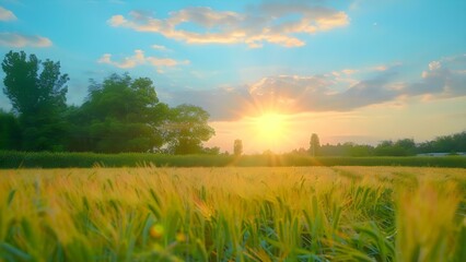 Fototapeta premium Farmers harvesting cereal at sunrise in a golden field capturing natural beauty . Concept Landscape Photography, Agriculture, Farming, Sunrise, Golden Hour