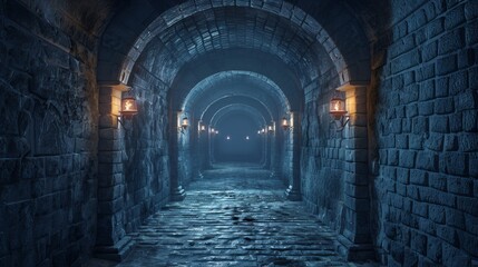 Obraz premium Eerie depiction of endless medieval catacombs illuminated by torches, evoking a sense of mystical dread. 3D Rendering