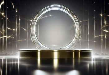 'golden background neon color podium decoration stand style 3D modern laser lines transparent empty realistic circle glass poduim minimal platform gradient ai geometry'