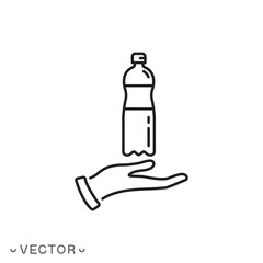 plastic bottle with hand icon, thin line symbol isolated on white background, editable stroke eps 10 vector illustration