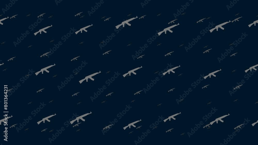 Poster assault rifles float horizontally from left to right. parallax fly effect. floating symbols are loca