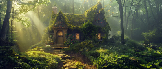 A secluded cottage nestled deep in a magical forest, home to a reclusive witch with an extensive herb garden